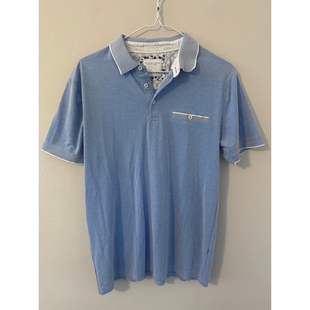 Denim & Flower Polo Shirt Medium Blue Excellent Slim Fit Short Sleeve Pocket